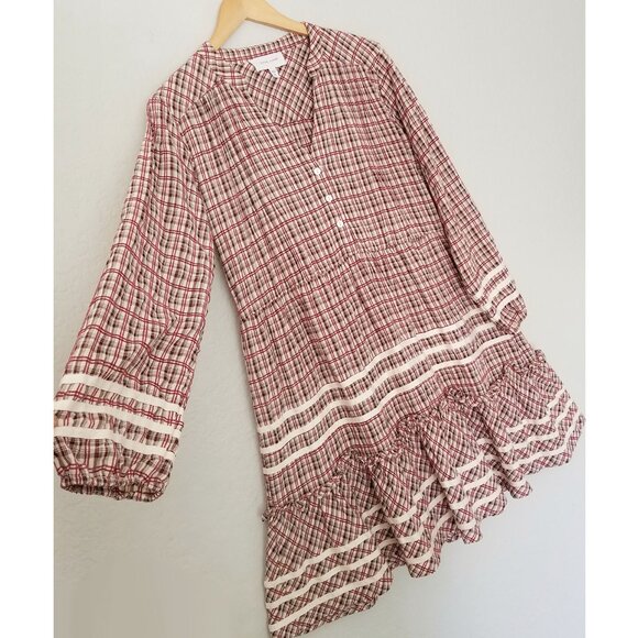 Dear John Plaid Ribbon Trim Tiered Mini Dress S Balloon Sleeves Cottagecore Boho - Picture 16 of 16